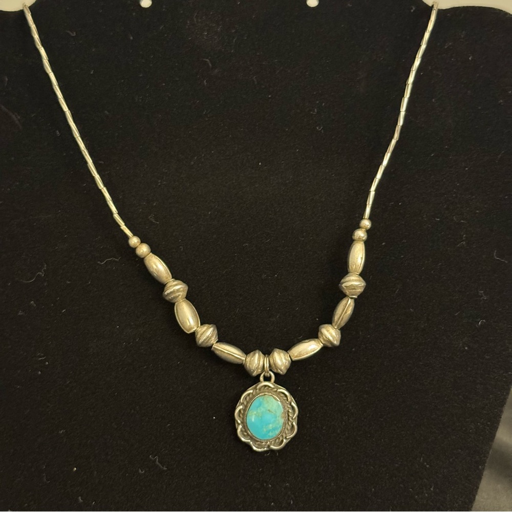 Sterling Liquid Silver & Navajo Pearl Necklace with Turquoise Pendant